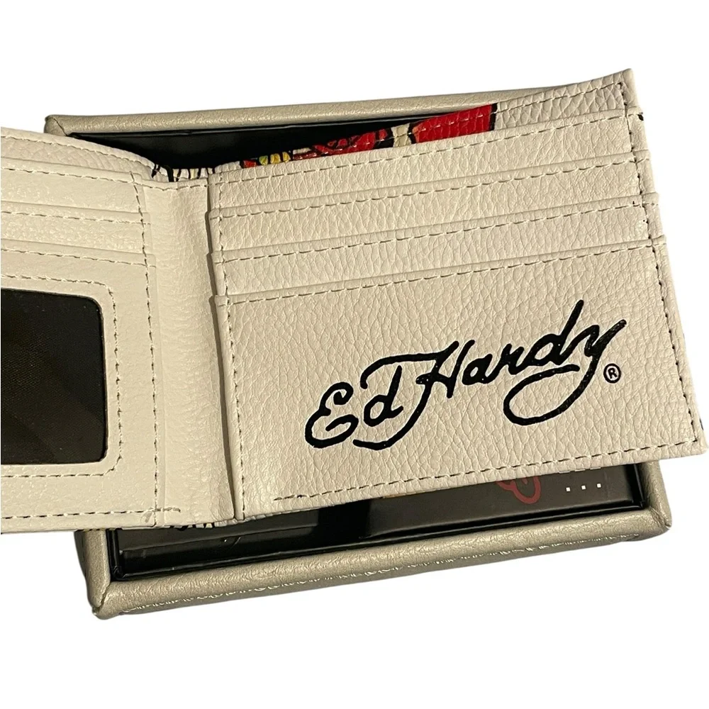 Ed Hardy White Tattoo-Print Bi-Fold Wallet with Red & Yellow Accents